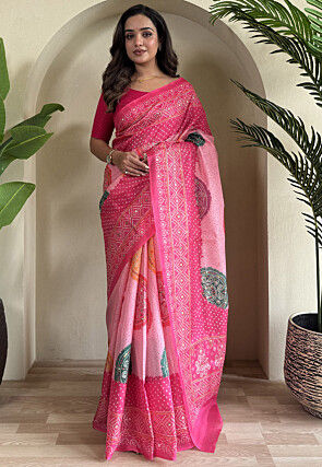 Bandhej Printed Art Silk Saree in Pink