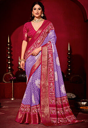Bandhej Printed Art Silk Saree in Purple & Pink