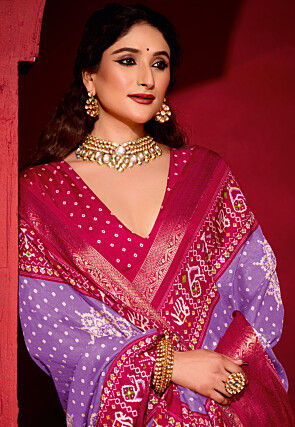 Bandhej Printed Art Silk Saree in Purple & Pink