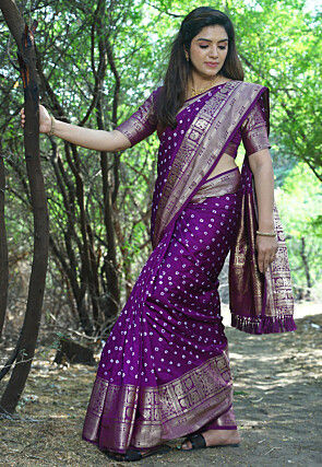 Bandhej Printed Art Silk Saree in Purple