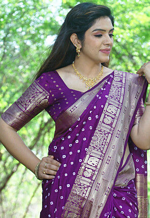 Bandhej Printed Art Silk Saree in Purple