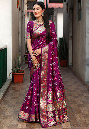 Bandhej Printed Art Silk Saree in Purple