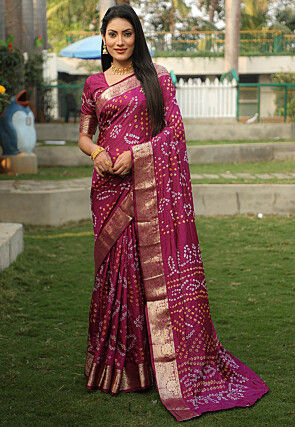 Bandhej Printed Art Silk Saree in Purple