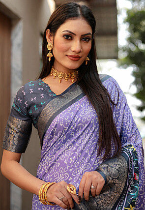 Bandhej Printed Art Silk Saree in Purple