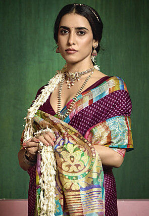 Bandhej Printed Art Silk Saree in Purple