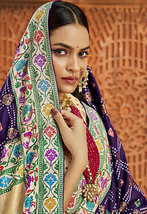 Bandhej Printed Art Silk Saree in Purple