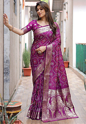 Bandhej Printed Art Silk Saree in Purple