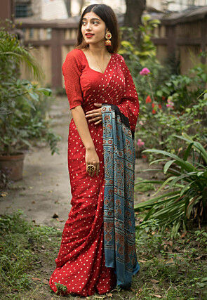 Bandhej Printed Art Silk Saree in Red and Grey