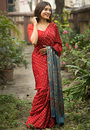 Bandhej Printed Art Silk Saree in Red and Grey