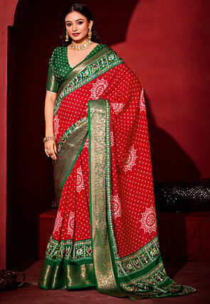 Bandhej Printed Art Silk Saree in Red