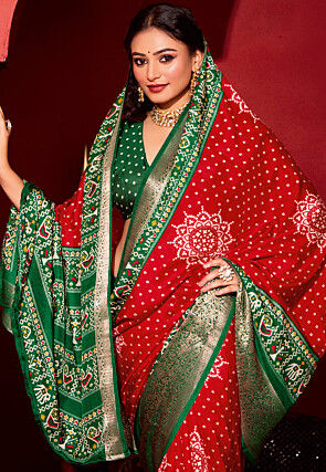 Bandhej Printed Art Silk Saree in Red
