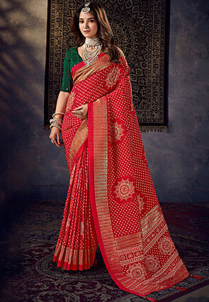Bandhej Printed Art Silk Saree in Red