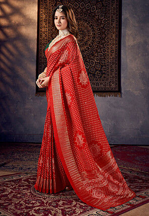 Bandhej Printed Art Silk Saree in Red