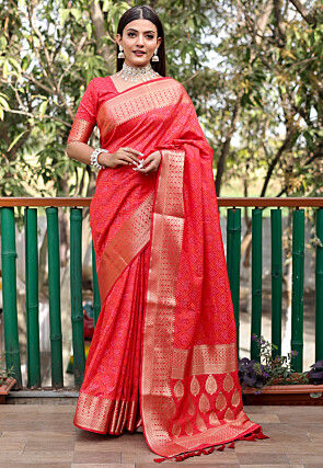 Bandhej Printed Art Silk Saree in Red