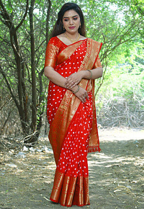 Bandhej Printed Art Silk Saree in Red