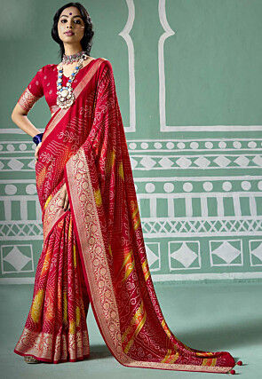 Bandhej Printed Art Silk Saree in Red