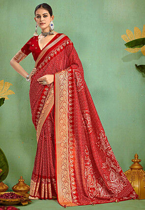 Bandhej Printed Art Silk Saree in Red
