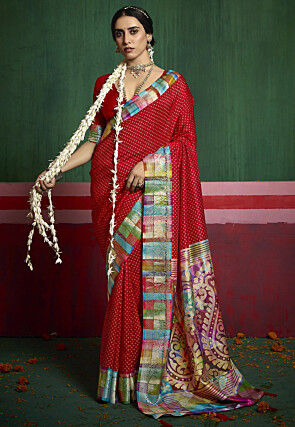 Bandhej Printed Art Silk Saree in Red