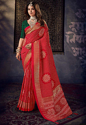 Bandhej Printed Art Silk Saree in Red