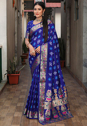 Bandhej Printed Art Silk Saree in Royal Blue