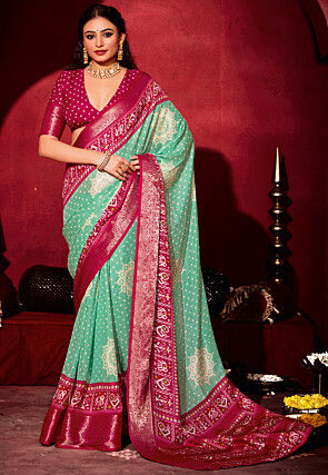 Bandhej Printed Art Silk Saree in Sea Green