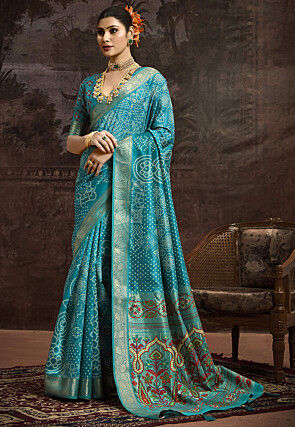 Bandhej Printed Art Silk Saree in Teal Blue
