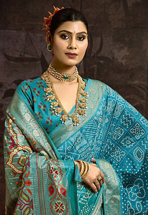 Bandhej Printed Art Silk Saree in Teal Blue