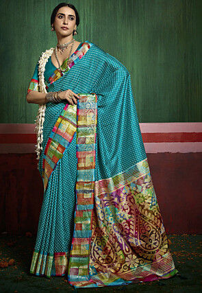 Bandhej Printed Art Silk Saree in Teal Blue
