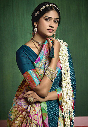 Bandhej Printed Art Silk Saree in Teal Blue