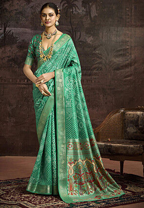 Bandhej Printed Art Silk Saree in Teal Green