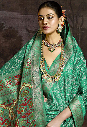 Bandhej Printed Art Silk Saree in Teal Green
