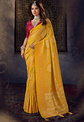 Bandhej Printed Art Silk Saree in Yellow
