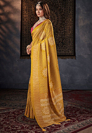 Bandhej Printed Art Silk Saree in Yellow