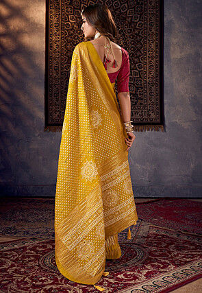 Bandhej Printed Art Silk Saree in Yellow