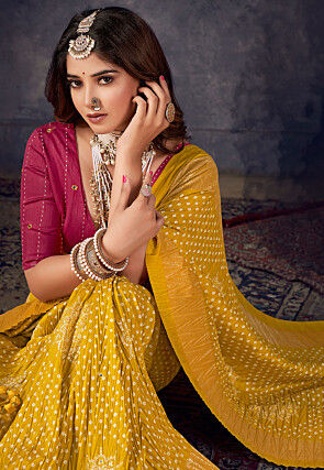 Bandhej Printed Art Silk Saree in Yellow