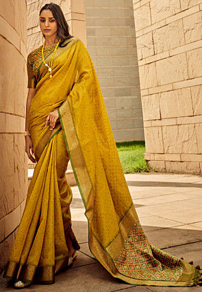 Bandhej Printed Art Silk Saree in Yellow