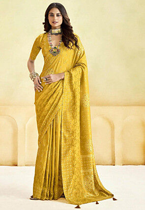 Bandhej Printed Art Silk Saree in Yellow