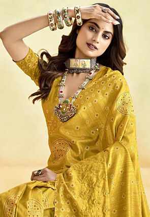 Bandhej Printed Art Silk Saree in Yellow