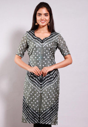 Bandhej Printed Art Silk Straight Kurta in Grey