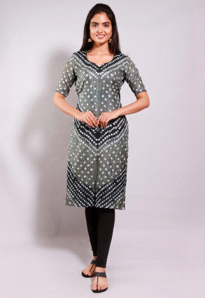 Bandhej Printed Art Silk Straight Kurta in Grey