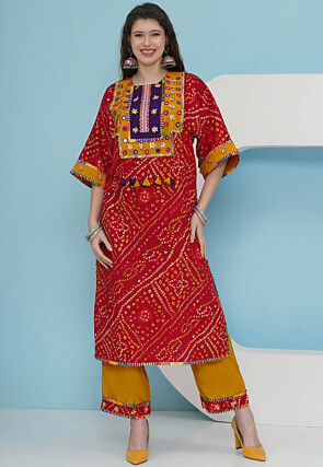 Bandhej Printed Art Silk Straight Kurta Set in Red