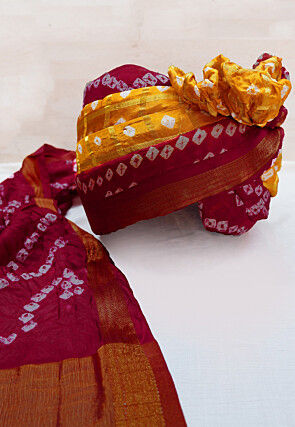 Bandhej Printed Art Silk Turban in Red and Mustard