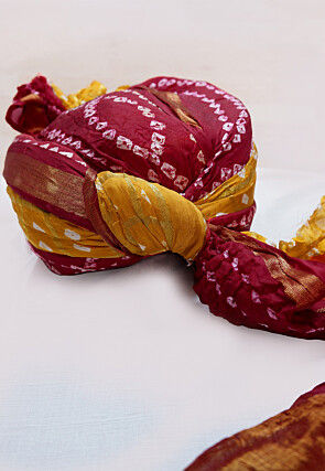 Bandhej Printed Art Silk Turban in Red and Mustard