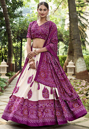 Bandhej Printed Art Tussar Silk Lehenga in Off White and Violet