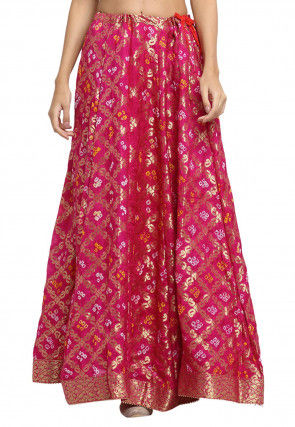Bandhej Printed Banarasi Silk Flared Skirt in Fuchsia