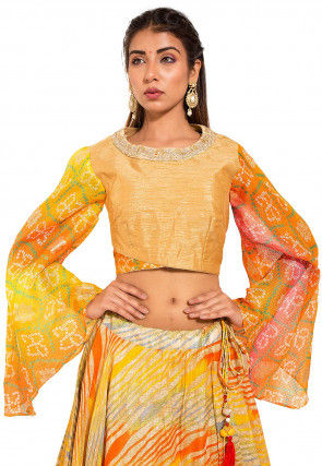 Bandhej Printed Bhagalpuri Silk Blouse in Beige and Orange