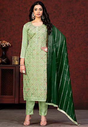 Bandhej Printed Chanderi Cotton Pakistani Suit in Pastel Green