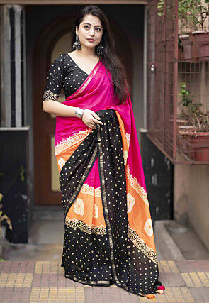 Bandhej Printed Chanderi Cotton Saree in Multicolor