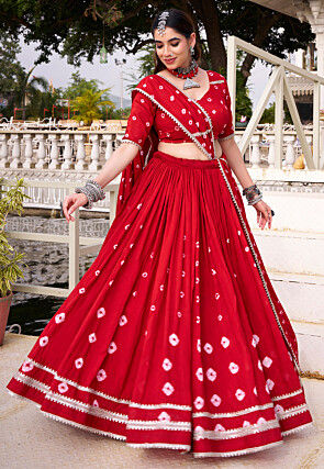 Bandhej Printed Chanderi Silk Lehenga in Red