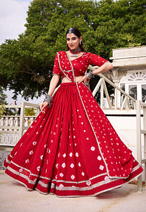 Bandhej Printed Chanderi Silk Lehenga in Red